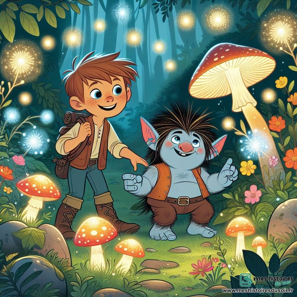 Une illustration destinée aux enfants représentant un jeune troll garçon, curieux et amical, explorant une clairière enchantée illuminée par des fleurs lumineuses et des champignons phosphorescents, en compagnie d'un garçon humain courageux.