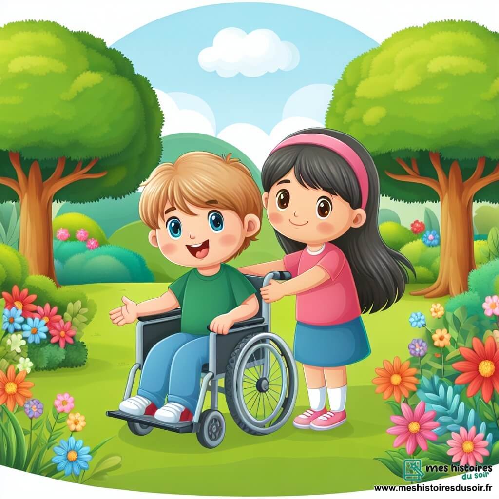 Une illustration destinée aux enfants représentant une jeune fille, assise dans un fauteuil roulant, accompagnée d'une amie joyeuse, dans un parc verdoyant avec des arbres majestueux et des fleurs colorées, symbolisant la découverte de la maladie rare et la force de l'amitié.