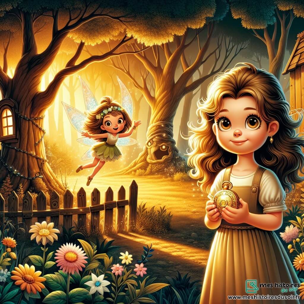 Une illustration sous forme de dessin destinée aux enfants représentant un parc enchanté baigné de lumière dorée, avec des arbres majestueux et des fleurs colorées, où une petite fille de 11 ans aux cheveux bouclés et aux yeux pétillants, vêtue d'une robe légère et tenant un médaillon brillant dans ses mains, se tient devant une vieille cabane en bois ; à ses côtés, une petite fée aux ailes scintillantes et aux cheveux dorés, flottant joyeusement, l'encourage à explorer les mystères qui l'entourent, tandis qu'une ombre menaçante se profile en arrière-plan, suggérant une aventure palpitante à venir.