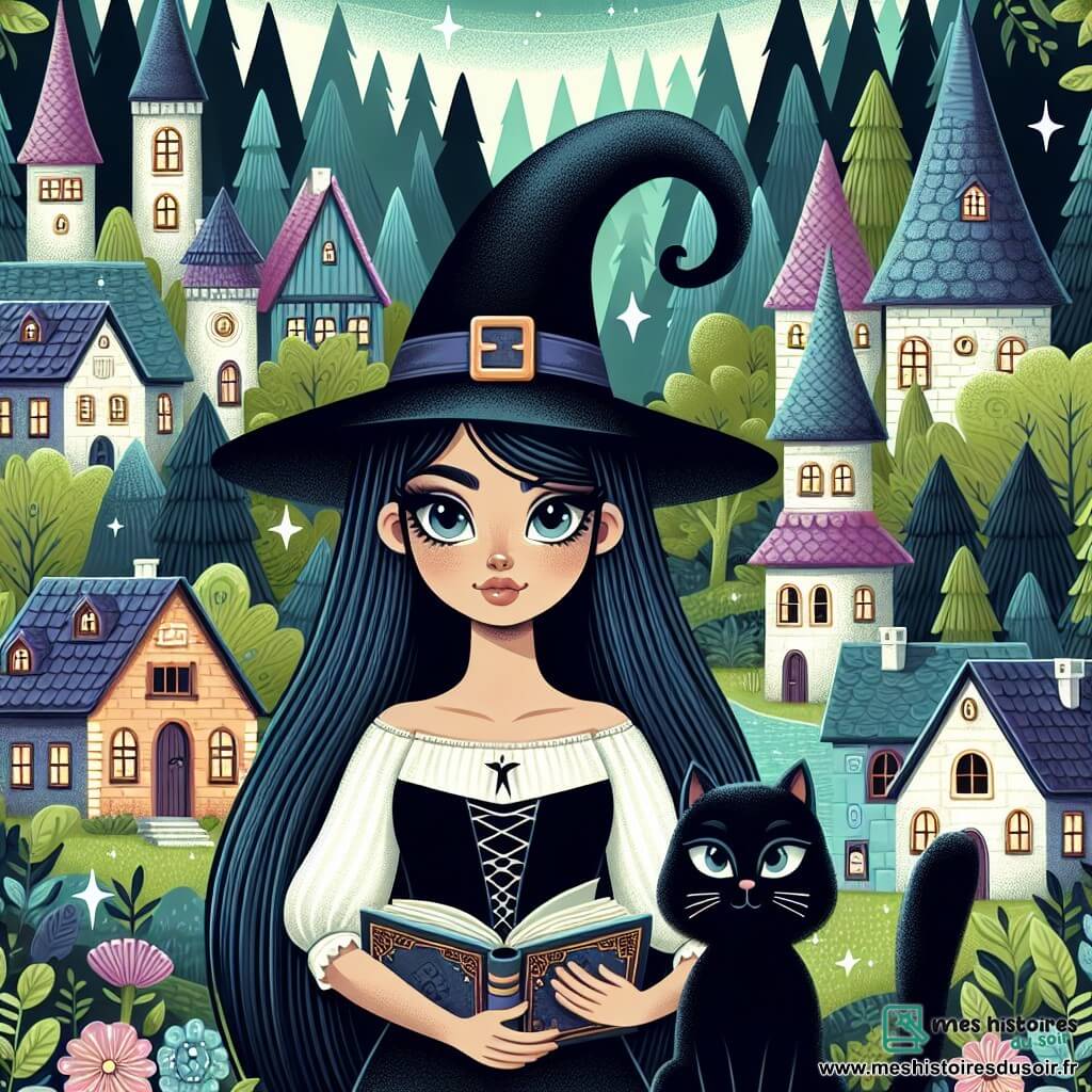 Une illustration destinée aux enfants représentant une jeune sorcière aux longs cheveux noirs brillants, se tenant devant un vieux livre magique, accompagnée de son fidèle chat noir, dans un village enchanteur entouré d'une forêt luxuriante et de maisons colorées aux toits en forme de chapeaux pointus.
