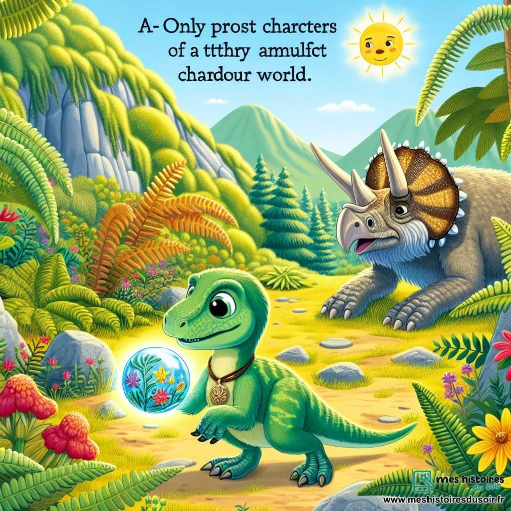 Une illustration sous forme de dessin destinée aux enfants représentant une clairière ensoleillée de la Montagne des Étoiles, où un vélociraptor à la peau verte émeraude et aux yeux pétillants de curiosité, tenant une amulette brillante dans ses griffes, explore avec émerveillement, tandis qu'en arrière-plan, un vieux tricératops à la peau rugueuse observe avec sagesse, entouré de fougères géantes et de fleurs colorées, capturant l'instant où le jeune dinosaure découvre un artefact mystérieux qui pourrait changer leur monde.
