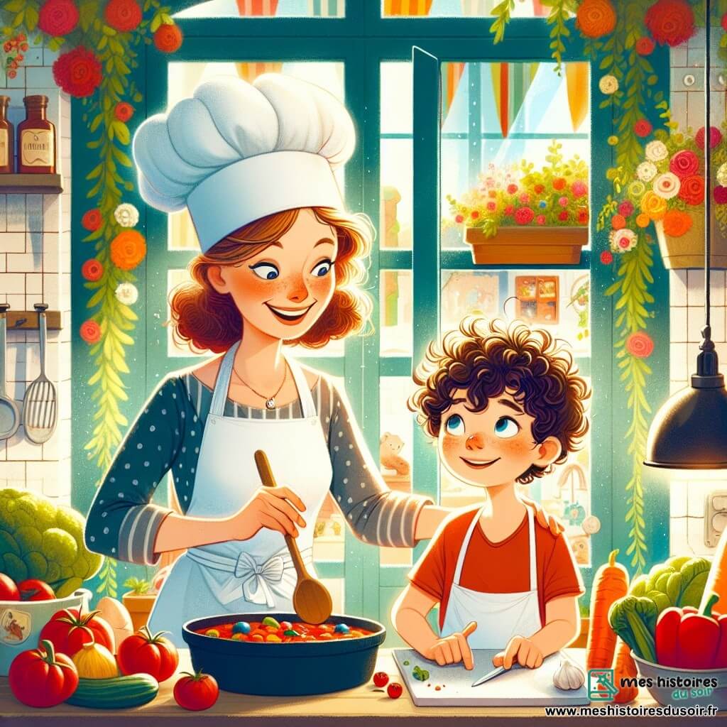 Une illustration sous forme de dessin destinée aux enfants représentant l'intérieur chaleureux d'un petit bistro aux murs colorés, où une femme aux cheveux châtains bouclés, vêtue d'une toque blanche et d'un tablier, sourit en montrant à un garçon de dix ans aux yeux curieux et aux cheveux ébouriffés comment préparer une ratatouille colorée, entourés de légumes frais et d'ustensiles de cuisine, tandis que des rayons de soleil filtrent à travers les fenêtres ornées de fleurs, créant une atmosphère joyeuse et accueillante.