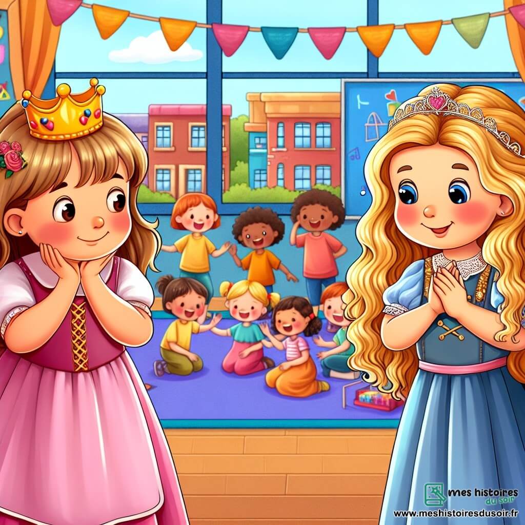 Une illustration destinée aux enfants représentant une fillette timide, une princesse dans une représentation théâtrale, accompagnée de sa nouvelle amie Camille, une petite fille aux boucles dorées, dans une école colorée et chaleureuse remplie de rires et de jeux.