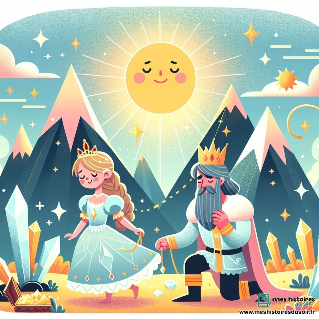 Une illustration destinée aux enfants représentant une princesse pleine de maladresse qui part en quête d'un trésor magique, accompagnée d'un roi bienveillant, dans un royaume lointain aux montagnes de cristal scintillantes sous le soleil.