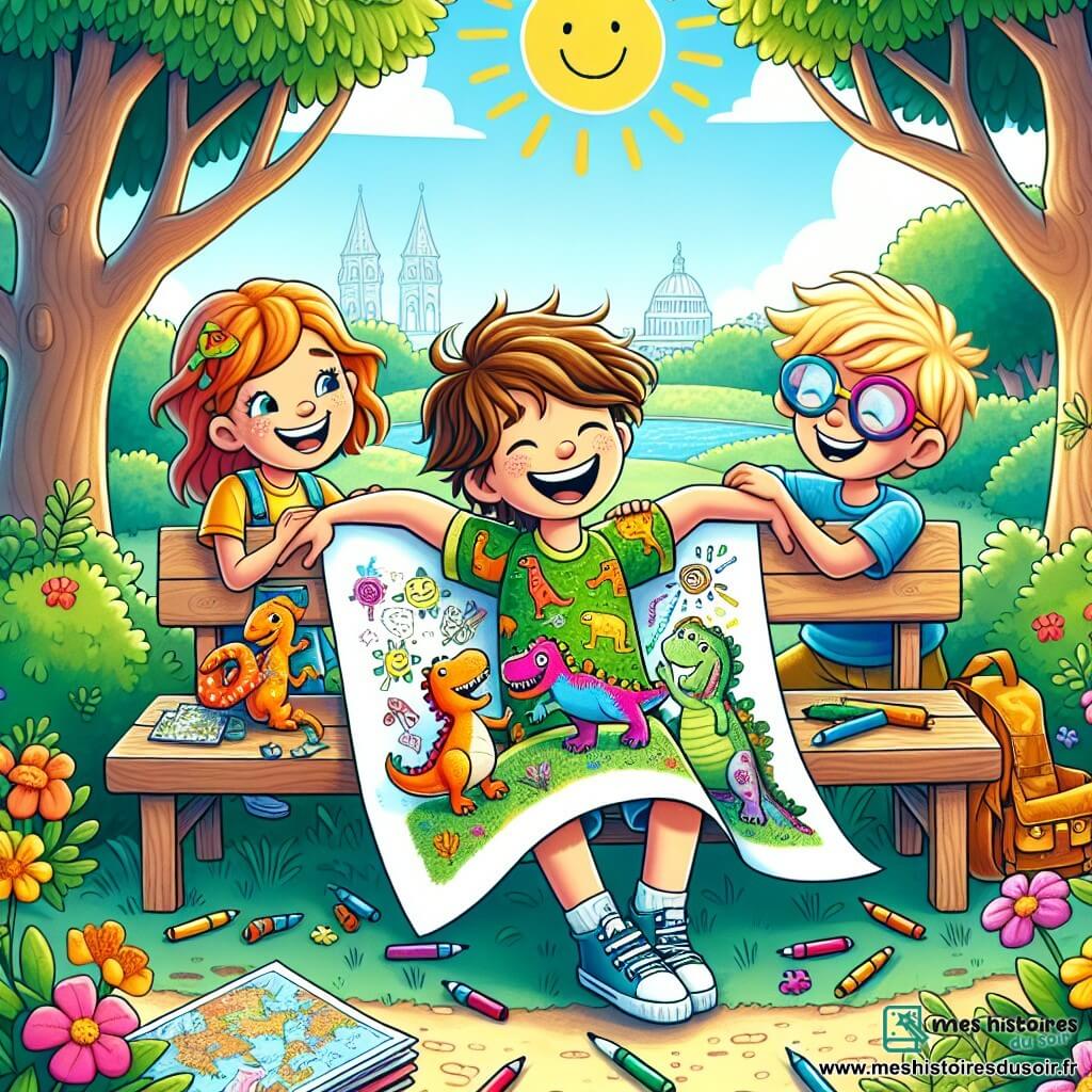 Une illustration sous forme de dessin destinée aux enfants représentant un parc ensoleillé avec des arbres verdoyants et des fleurs colorées, où un garçon de 9 ans aux cheveux bruns ébouriffés et au t-shirt à motif de dinosaure est assis sur un banc, souriant joyeusement en tenant une grande carte décorée de dessins, tandis que deux amis, une fille aux lunettes colorées et un garçon aux cheveux blonds, l'entourent, tous trois partageant des rires et des mots d'encouragement, symbolisant la force de l'amitié face à la maladie.