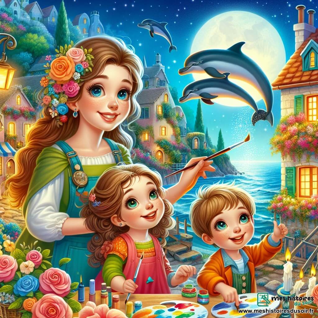 Une illustration destinée aux enfants représentant une artiste femme créant des peintures magiques, accompagnée d'une fillette aux boucles brunes et d'un garçon aux yeux malicieux, dans un petit village coloré au bord de la mer, avec des dauphins dansant sous la lune.