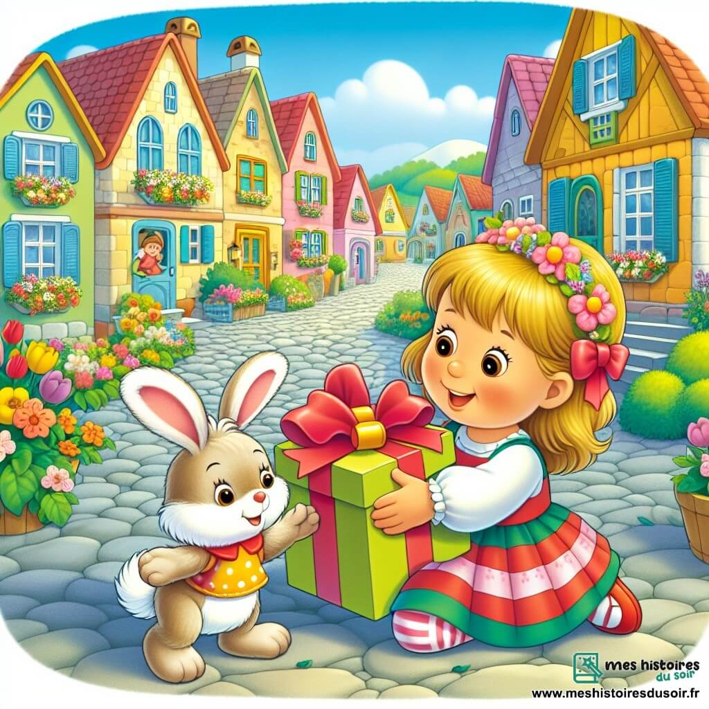 Une illustration destinée aux enfants représentant une petite fille pleine d'énergie préparant une surprise pour sa maman, accompagnée de son fidèle doudou, un lapin en peluche nommé Pompon, dans un charmant village aux maisons colorées et aux rues pavées bordées de fleurs.