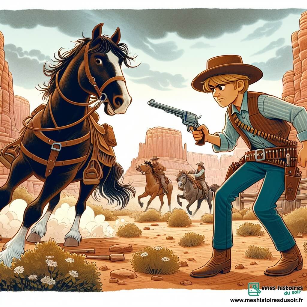 Une illustration destinée aux enfants représentant un jeune cow-boy courageux affrontant des bandits sanguinaires avec l'aide de son fidèle cheval, Éclair, dans l'Ouest sauvage, entre les canyons arides et les vastes plaines poussiéreuses.