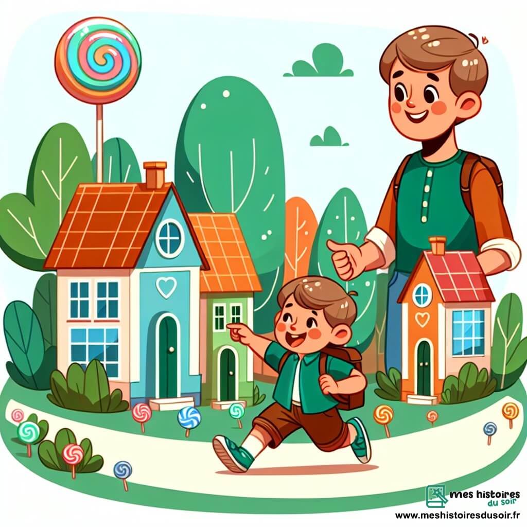 Une illustration destinée aux enfants représentant un garçon espiègle en quête du cadeau parfait pour la fête des pères, accompagné de sa grande sœur, dans un petit village coloré aux maisons en forme de bonbons et aux arbres en forme de sucettes.