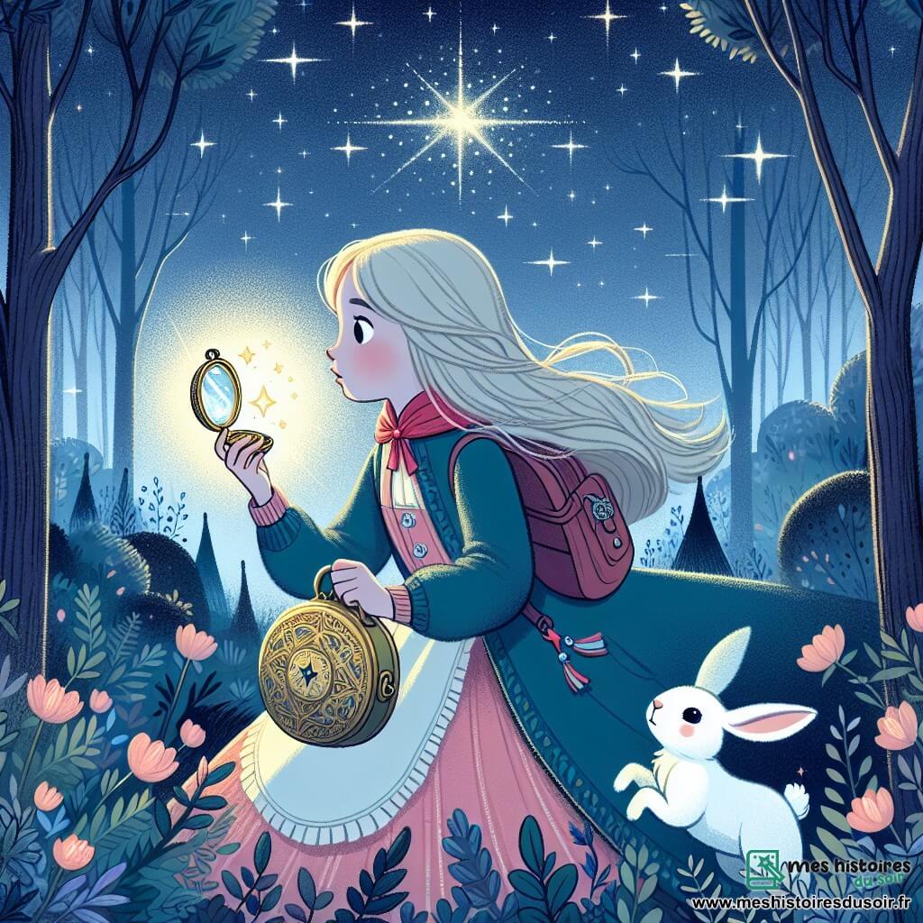 Une illustration destinée aux enfants représentant une jeune fille découvrant un médaillon mystérieux dans une forêt enchantée, accompagnée d'un lapin blanc curieux, sous un ciel étoilé scintillant de mille feux.
