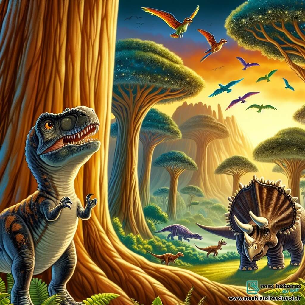 Une illustration destinée aux enfants représentant un jeune Tyrannosaure Rex intrigué par une mystérieuse menace dans la vallée des dinosaures, accompagné d'un tricératops mâle, évoluant parmi de majestueux arbres géants aux feuilles chatoyantes et d'oiseaux préhistoriques colorés survolant un ciel teinté d'une lueur orangée.