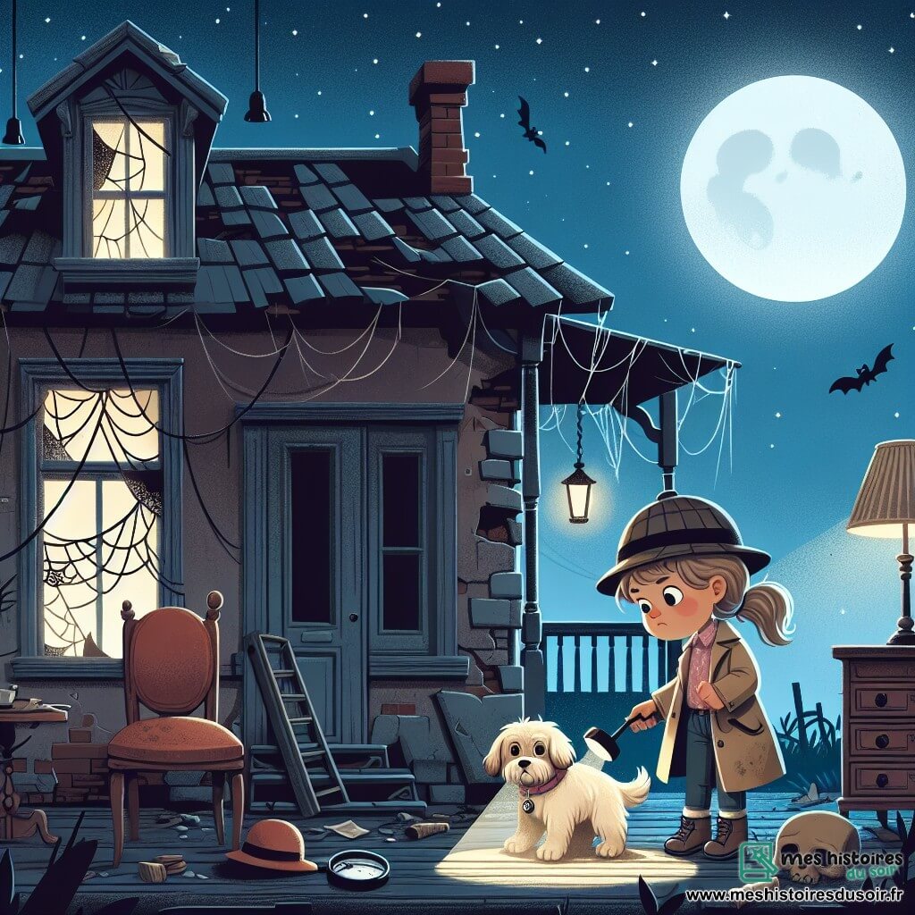Une illustration destinée aux enfants représentant une petite détective intrépide, accompagnée de son fidèle chien, résolvant un mystère dans une vieille maison abandonnée, avec des meubles poussiéreux et des toiles d'araignées suspendues aux murs délabrés, éclairée par la lueur de la lune brillante dans le ciel étoilé.