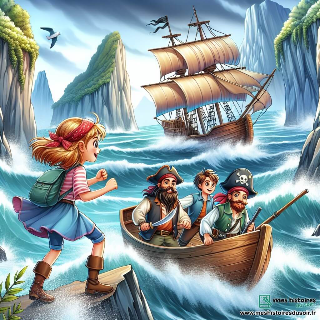 Une illustration destinée aux enfants représentant une jeune fille courageuse et déterminée, embarquée dans une aventure maritime avec des pirates bienveillants, sur une île mystérieuse bordée de falaises escarpées et de vagues déferlantes.