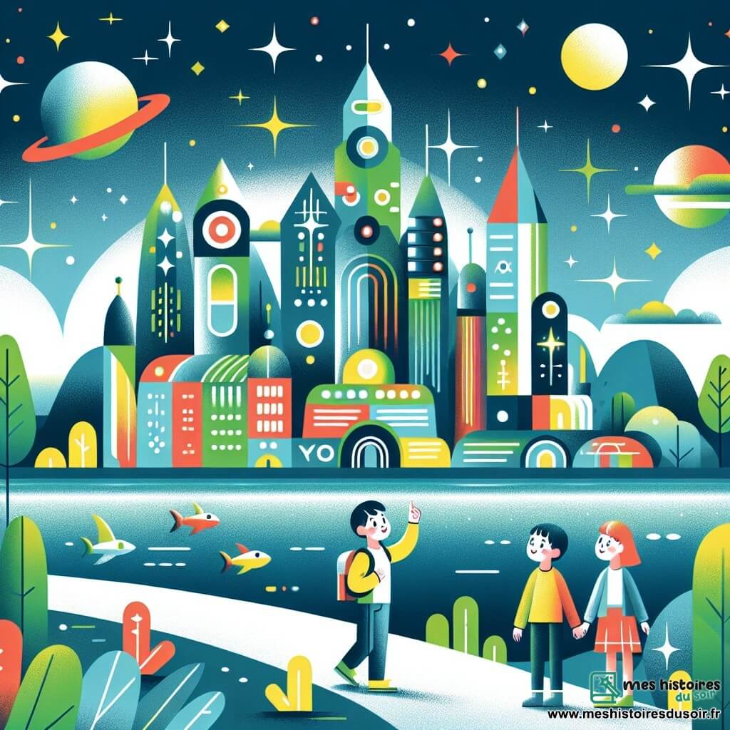Une illustration destinée aux enfants représentant un garçon curieux explorant une ville futuriste, accompagné de ses amis, dans la cité d'Émeraude aux bâtiments futuristes aux formes audacieuses et aux couleurs éclatantes, sous un ciel constellé de lumières éclatantes.