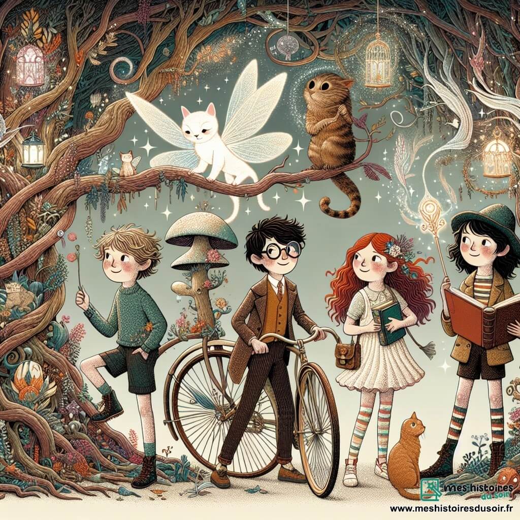 Une illustration sous forme de dessin destinée aux enfants représentant une forêt enchantée aux arbres torsadés et aux feuilles scintillantes, où un groupe de quatre enfants de 11 ans — deux garçons aux cheveux en bataille, l'un portant des lunettes rondes et l'autre avec un sourire malicieux, et deux filles aux cheveux longs et colorés, l'une tenant un livre ancien et l'autre un parapluie — se tiennent autour d'une bicyclette volante ornée de décorations loufoques, émerveillés par un chat perché sur un champignon géant, tandis qu'une petite fée aux ailes translucides les guide vers une aventure magique.