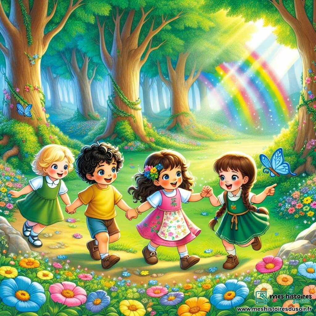 Illustration d'une clairière magique illuminée, entourée de grands arbres aux troncs épais et aux feuilles vert éclatant. Des fleurs colorées dansent dans la brise, formant un tapis de couleurs vives. Au centre, quatre petites aventurières de quatre ans se tiennent main dans la main. La première, aux cheveux bruns et bouclés, porte une robe rose à motifs floraux et sourit avec curiosité. À côté, une fillette blonde en tunique bleue admire un papillon bleu. La troisième, avec des cheveux châtains tressés, est en t-shirt jaune et semble prête à explorer. Enfin, la quatrième, aux cheveux noirs frisés, en jupe verte, montre un grand arc-en-ciel au-dessus d'elles. Les quatre amies, unies par leur amitié, sont prêtes à traverser cet arc-en-ciel magique vers de nouvelles aventures. En arrière-plan, des rires d'enfants et des jouets en bois colorés ajoutent une ambiance joyeuse, tandis que des rayons de soleil illuminent la clairière d'une douce lumière dorée.