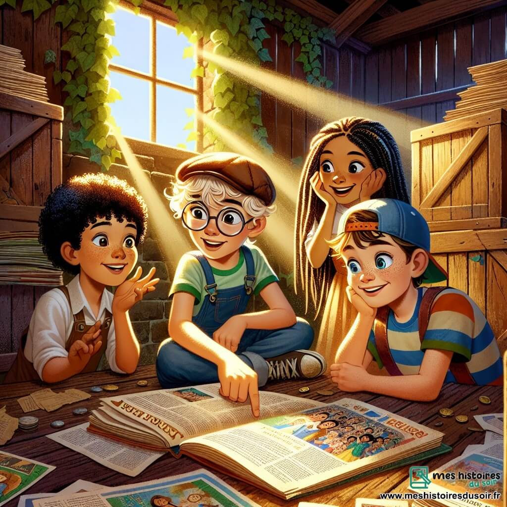 Illustration destinée aux enfants représentant un groupe de quatre enfants de 11 ans, réunis dans une vieille grange en bois, aux murs recouverts de lierre et aux fenêtres poussiéreuses laissant passer des rayons de lumière dorée. Un garçon aux cheveux bouclés et aux lunettes, feuillette un vieux magazine, tandis qu'un autre garçon, avec une casquette à l'envers, pointe du doigt un article sur l'égalité des genres. À côté, une fille aux cheveux longs et tressés, souriante, prend des notes sur un carnet coloré, et un autre garçon, aux yeux pétillants, les écoute attentivement, les bras croisés. L'atmosphère est remplie d'excitation et de curiosité, avec des caisses en bois éparpillées autour d'eux, et des papiers volants, symbolisant leur découverte d'un sujet important qui les inspire à agir pour l'égalité.