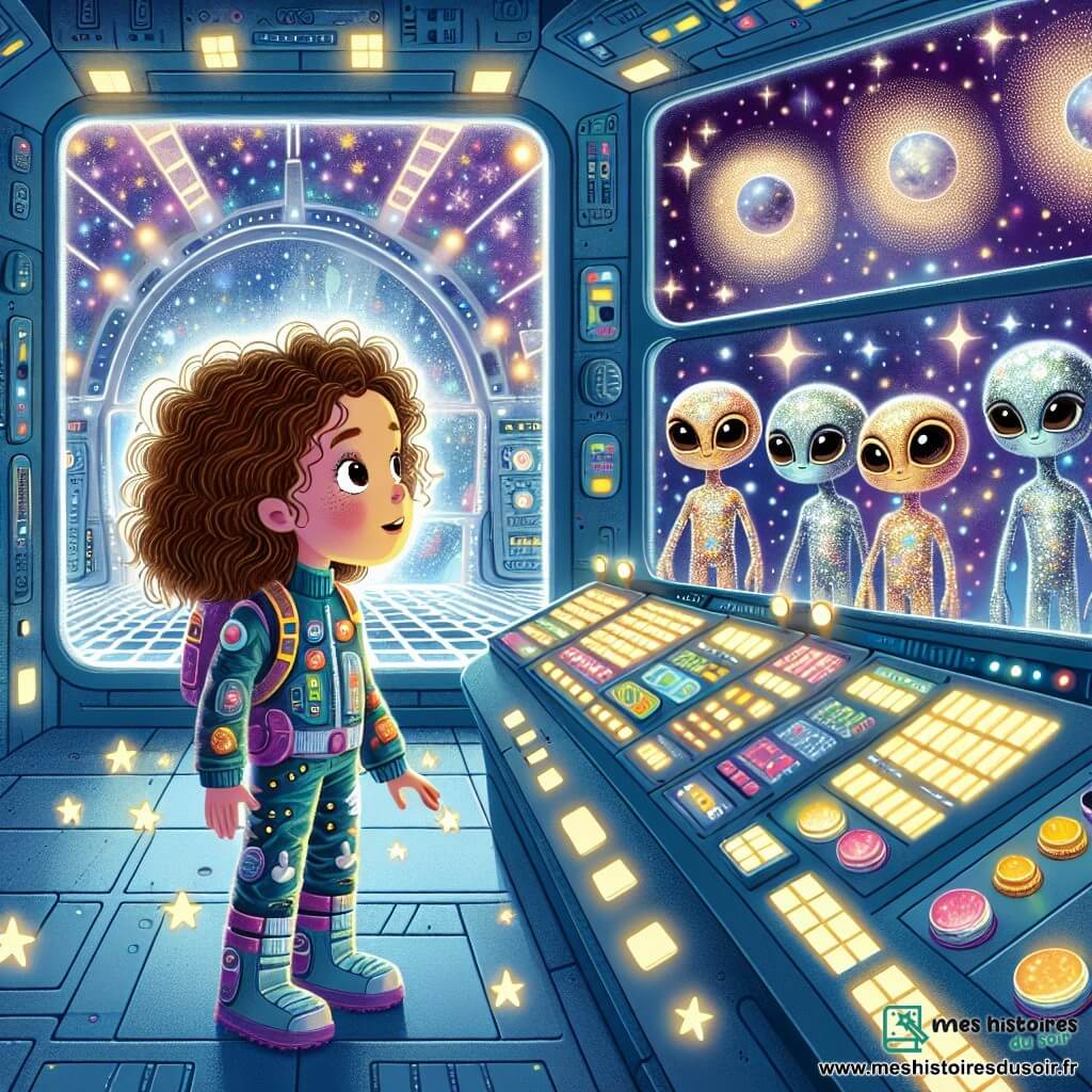 Une illustration sous forme de dessin destinée aux enfants représentant l'intérieur d'une station spatiale futuriste, avec des murs ornés de panneaux lumineux et d'écrans affichant des étoiles scintillantes, où une fille de 11 ans aux cheveux bruns et bouclés, portant une combinaison spatiale colorée, se tient émerveillée devant un tableau de contrôle rempli de boutons brillants, tandis qu'un groupe de Zylotiens, des extraterrestres aux peaux scintillantes et aux yeux larges, l'observe avec curiosité, alors qu'ils préparent ensemble une aventure intergalactique pour récupérer un cristal de lumière sur une lune lointaine.