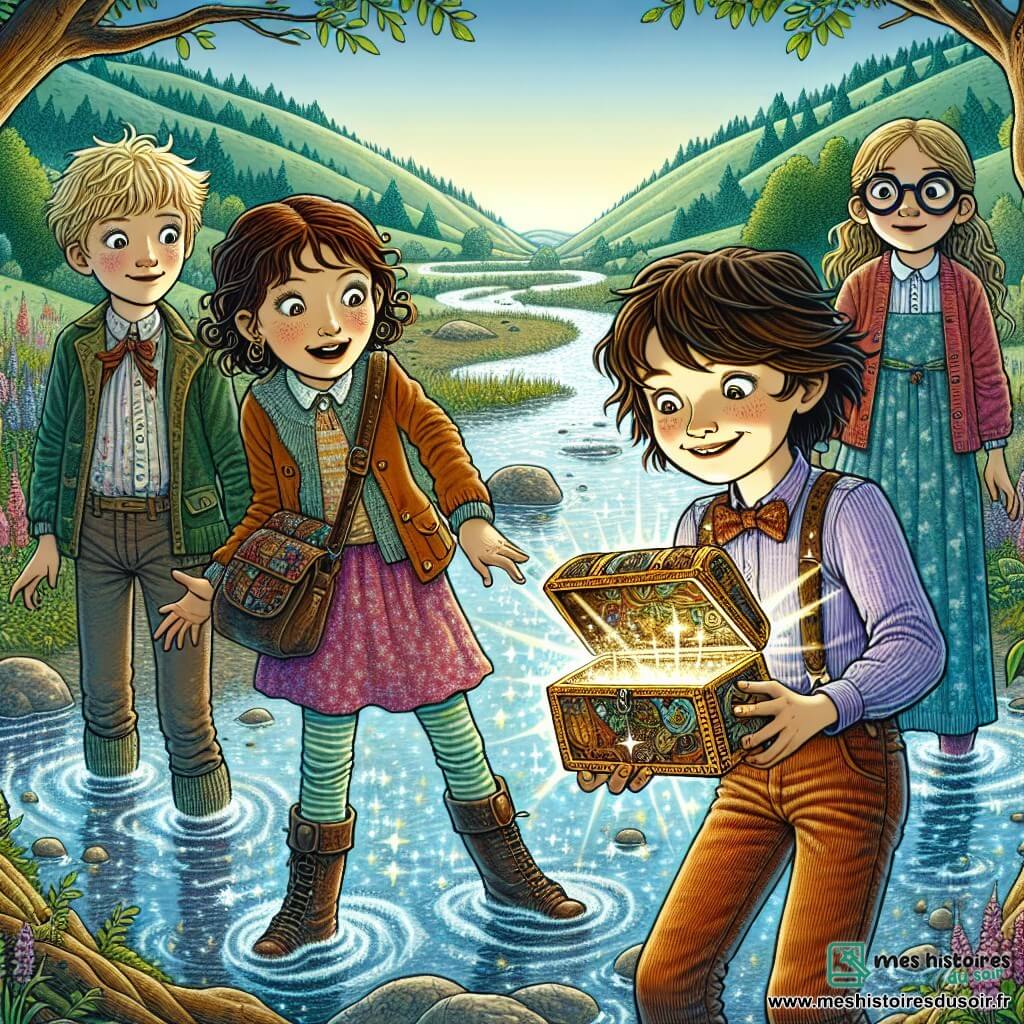 Une illustration sous forme de dessin destinée aux enfants représentant un ruisseau scintillant bordé de collines verdoyantes, où un garçon de 12 ans aux cheveux châtains et aux yeux pétillants de curiosité tient une petite boîte en bois ornée de motifs étranges, entouré de sa meilleure amie, une fille aux cheveux bouclés et au sourire éclatant, ainsi que de deux autres enfants : un garçon intrépide avec un penchant pour les blagues et une fille sage aux lunettes, tous émerveillés par la découverte magique qui pourrait les transporter dans un monde d'aventures.