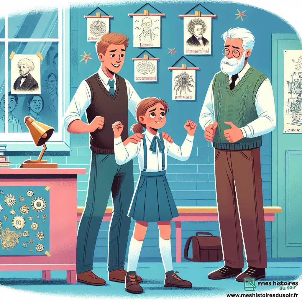 Une illustration destinée aux enfants représentant une jeune fille courageuse surmontant ses craintes lors d'une exposition scolaire avec l'aide de son meilleur ami garçon et de sa bienveillante enseignante, dans une salle de classe lumineuse et colorée décorée de dessins d'inventions célèbres accrochés aux murs.