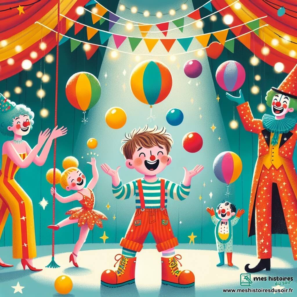 Une illustration sous forme de dessin destinée aux enfants représentant un grand chapiteau de cirque coloré, rempli de lumières scintillantes et de ballons flottants, avec un petit garçon de 3 ans aux cheveux en bataille et un grand sourire, essayant de jongler avec des balles colorées tout en riant, entouré d'un clown joyeux avec un nez rouge et des chaussures géantes, ainsi qu'une trapéziste élégante en costume brillant, applaudissant et encourageant le garçon dans une ambiance festive et magique.