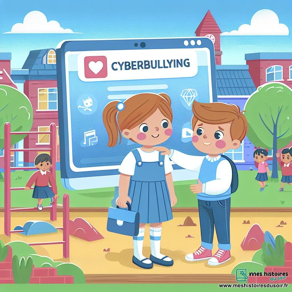 Une illustration destinée aux enfants représentant une petite fille courageuse faisant face au cyberharcèlement, aidée par une amie, dans la cour de récréation d'une école colorée et animée.