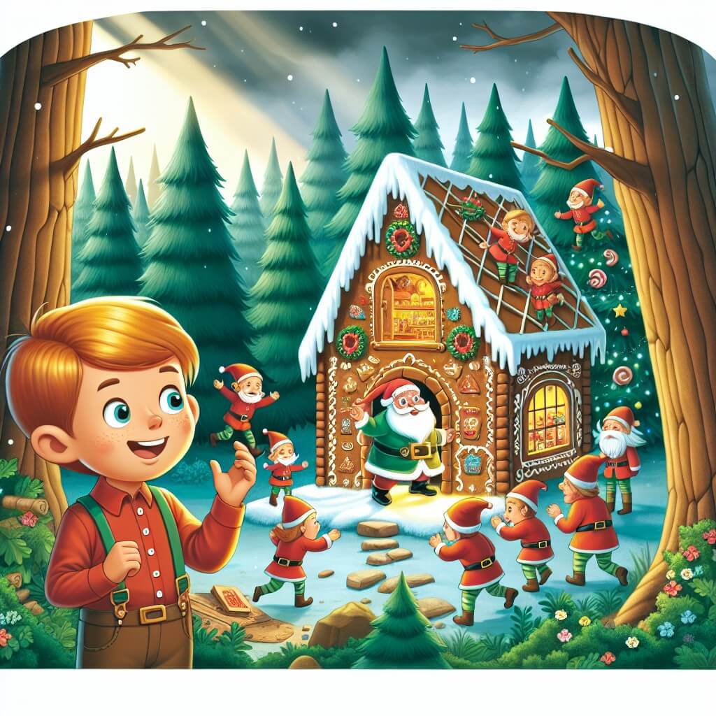 Une illustration destinée aux enfants représentant un jeune garçon, plein d'enthousiasme, découvrant un atelier secret du père Noël, rempli de lutins affairés, dans une maison en pain d'épices au milieu d'une forêt enchantée.