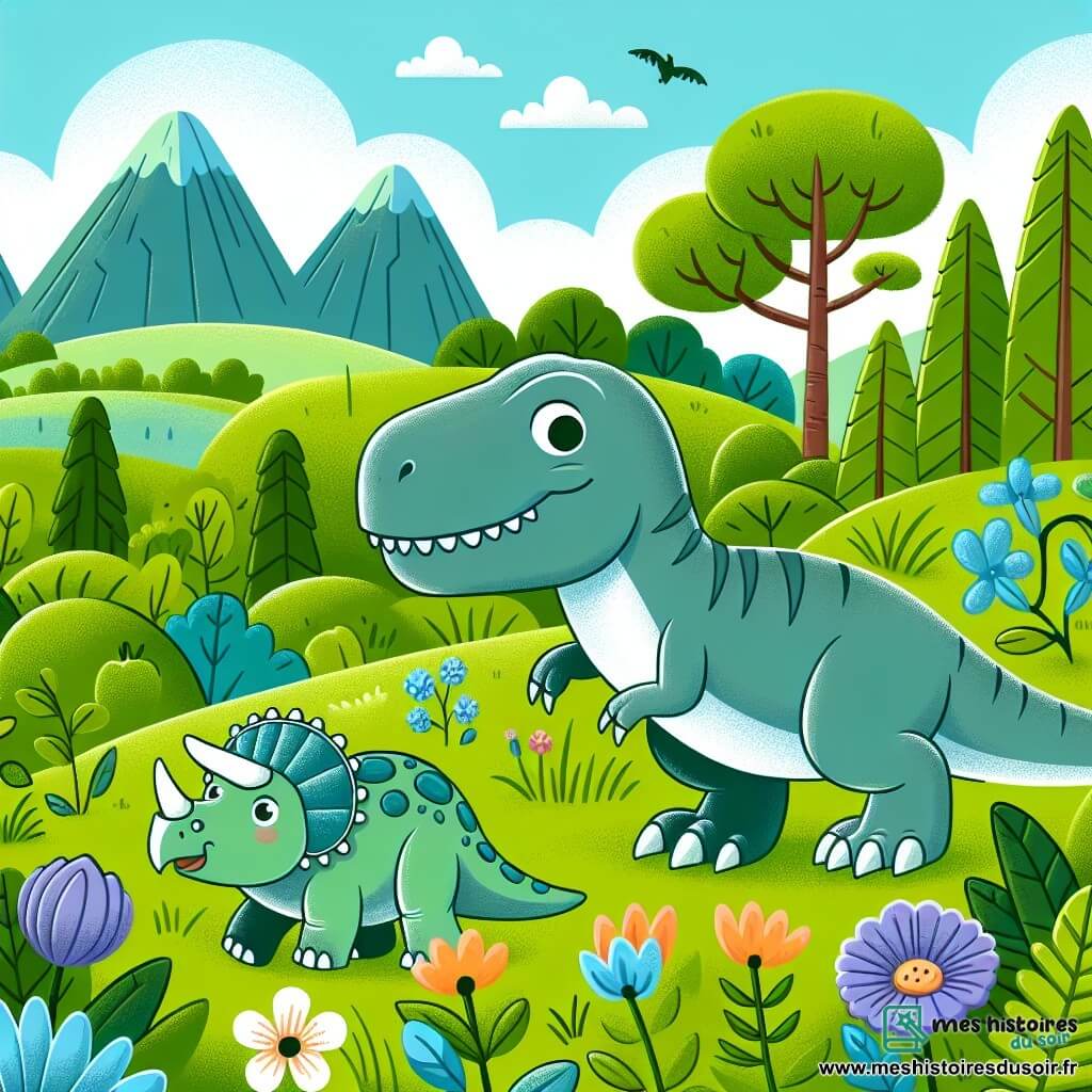 Une illustration destinée aux enfants représentant un jeune Tyrannosaure Rex, curieux et courageux, accompagné d'un gentil Tricératops mâle, explorant une vallée verdoyante parsemée de grands arbres et de fleurs colorées dans le monde des dinosaures.