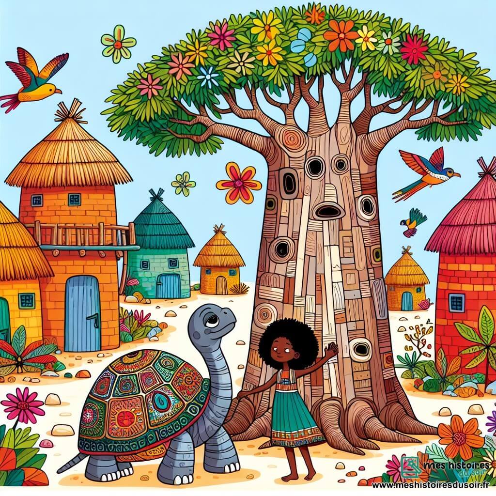 Une illustration sous forme de dessin destinée aux enfants représentant un village africain ensoleillé avec des maisons colorées en terre battue, au centre une jeune femme aux longs cheveux noirs et aux yeux pétillants, souriante et posant sa main sur le tronc rugueux d'un grand baobab, tandis qu'une vieille tortue au carapace ornée de motifs colorés l'observe avec sagesse, capturant l'instant où la femme écoute les conseils du baobab, entourée de fleurs vibrantes et d'oiseaux aux plumes éclatantes, symbolisant l'harmonie et la sagesse de la nature.