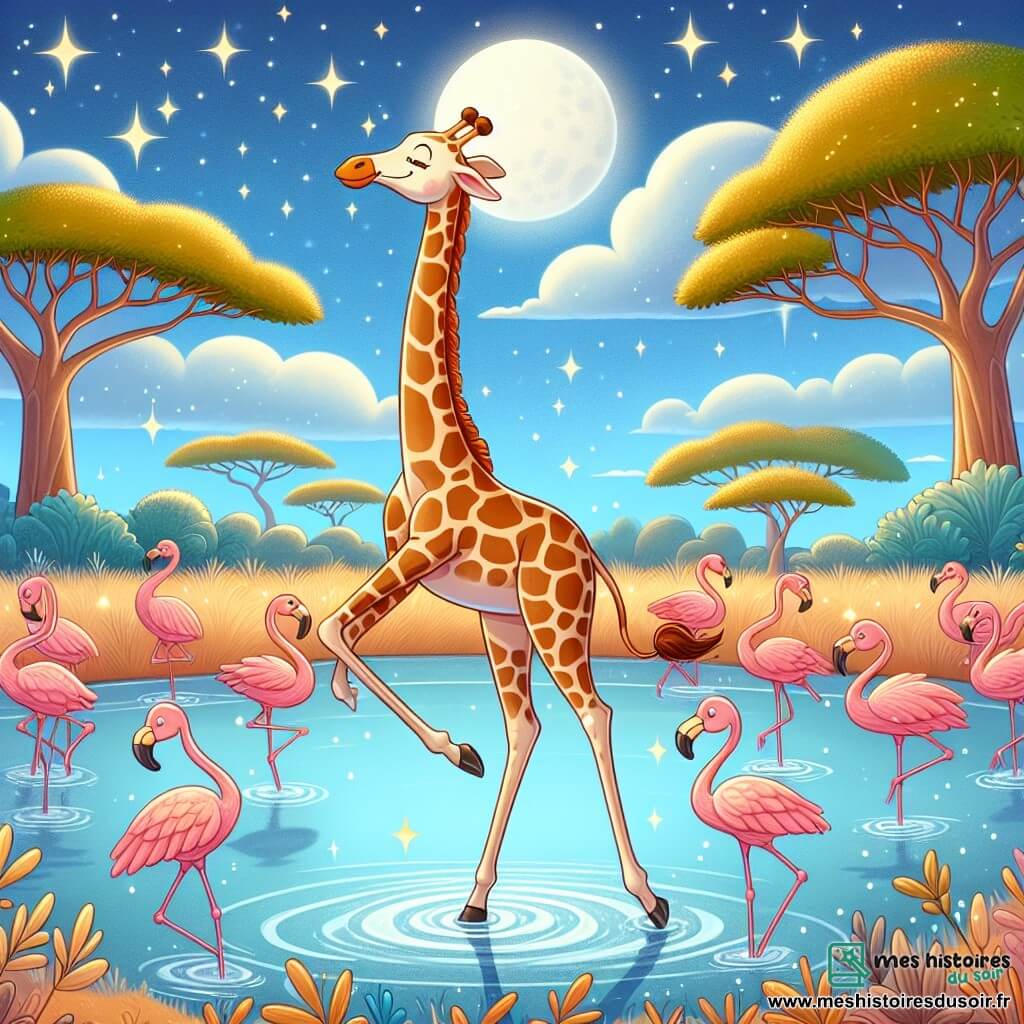 Illustration destinée aux enfants représentant une scène magique au bord d'un lac scintillant sous la lumière argentée de la lune, entouré de hautes herbes dorées et de baobabs majestueux. Au centre, une girafe élancée avec un long cou tacheté de caramel danse gracieusement, ses pattes allongées se mouvant avec élégance dans l'eau, tandis que des flamants roses aux plumes éclatantes l'entourent, tournoyant et riant joyeusement. L'atmosphère est remplie de couleurs vives et de lumière douce, avec des étoiles scintillantes dans le ciel nocturne, créant une ambiance festive et enjouée où tous les animaux de la savane se rassemblent pour célébrer la danse et l'amitié.