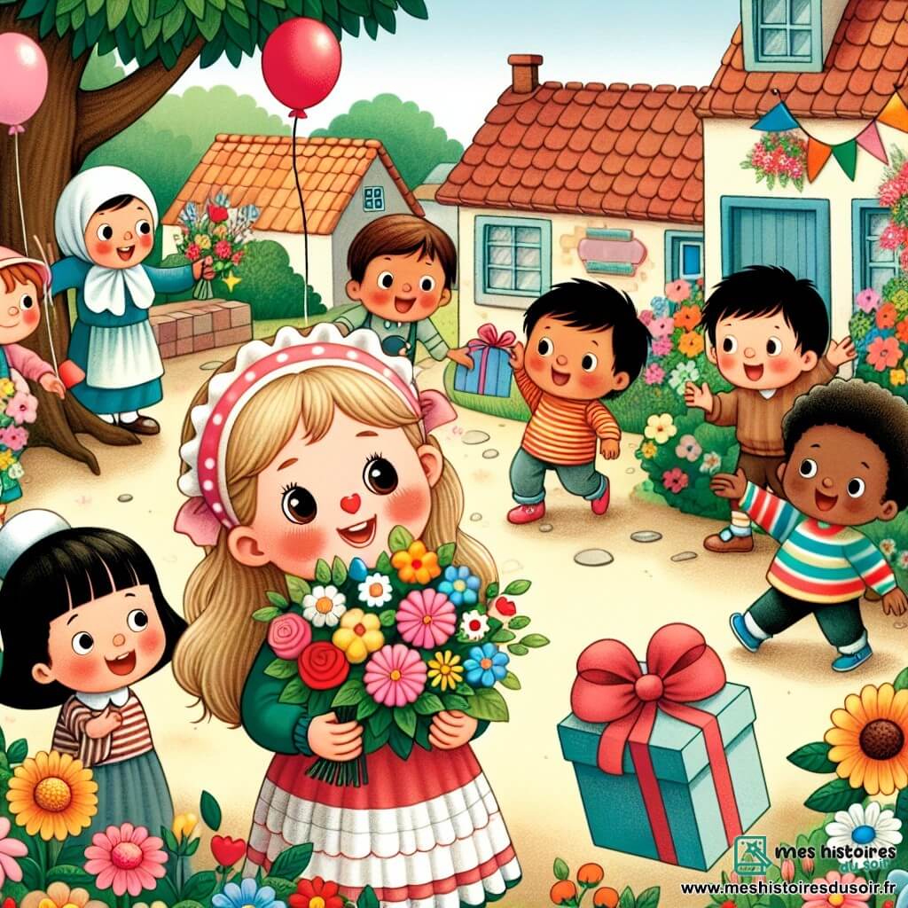 Une illustration destinée aux enfants représentant une fillette espiègle préparant une surprise pour sa maman, avec l'aide de ses amis du village, dans un parc coloré et fleuri.