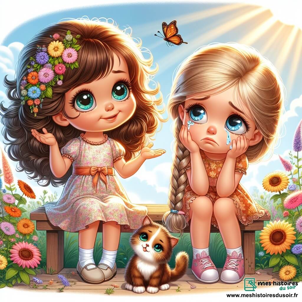 Illustration d'une scène dans un jardin ensoleillé, rempli de fleurs colorées qui dansent au vent. Au centre, une petite fille de 5 ans, avec de grandes boucles brunes et des yeux pétillants de curiosité, est assise sur un banc en bois. Elle porte une robe à fleurs et tient la main de son amie. À côté d'elle, une autre petite fille de 5 ans, avec des cheveux blonds tressés et un visage inquiet, regarde son amie avec des larmes dans les yeux. La lumière du soleil illumine leurs visages, créant une atmosphère chaleureuse. En arrière-plan, un chat marron avec des yeux verts joue avec un papillon coloré, ajoutant une touche de magie. Les deux petites filles discutent, l'une encourageant l'autre à dire la vérité, tandis que des nuages blancs flottent dans le ciel bleu.