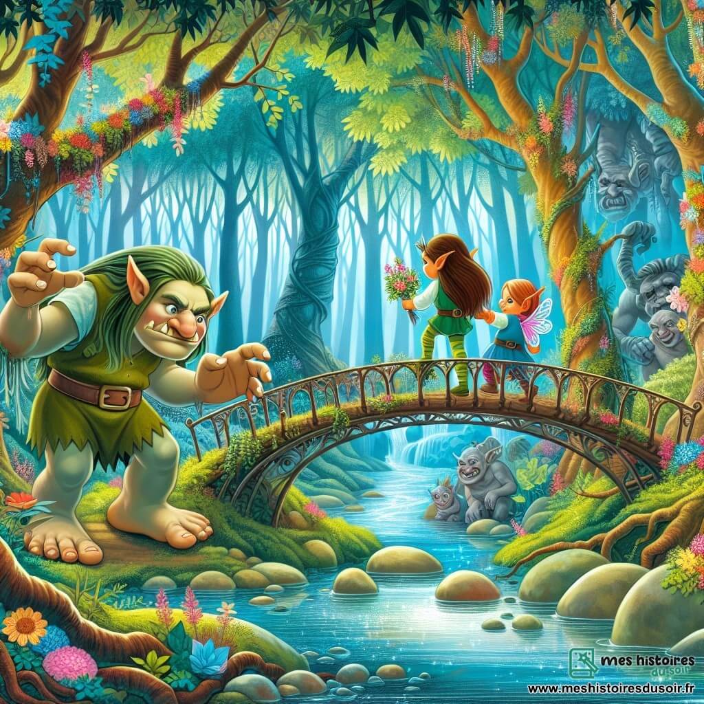 Une illustration destinée aux enfants représentant un troll géant menaçant un petit lutin courageux, une scène où une fillette lutin malicieuse aide ses amis à traverser un pont enchanté surplombant une rivière chatoyante, au cœur d'une forêt dense et mystérieuse aux arbres aux couleurs vives et aux fleurs lumineuses.