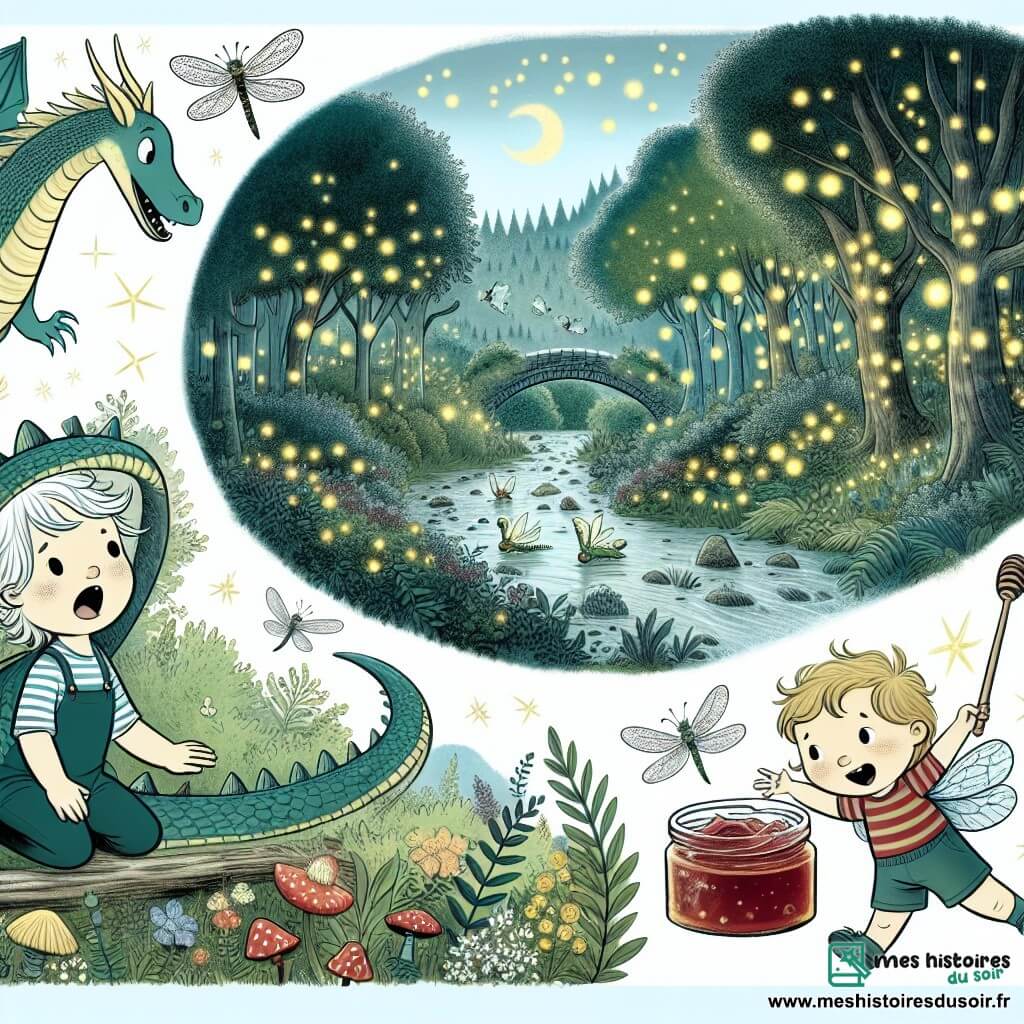 Une illustration destinée aux enfants représentant un petit garçon curieux et énergique, accompagné d'un dragon farceur, explorant la forêt magique de Féeriland, remplie de lucioles scintillantes, de rivières de confiture et d'oiseaux magiques.