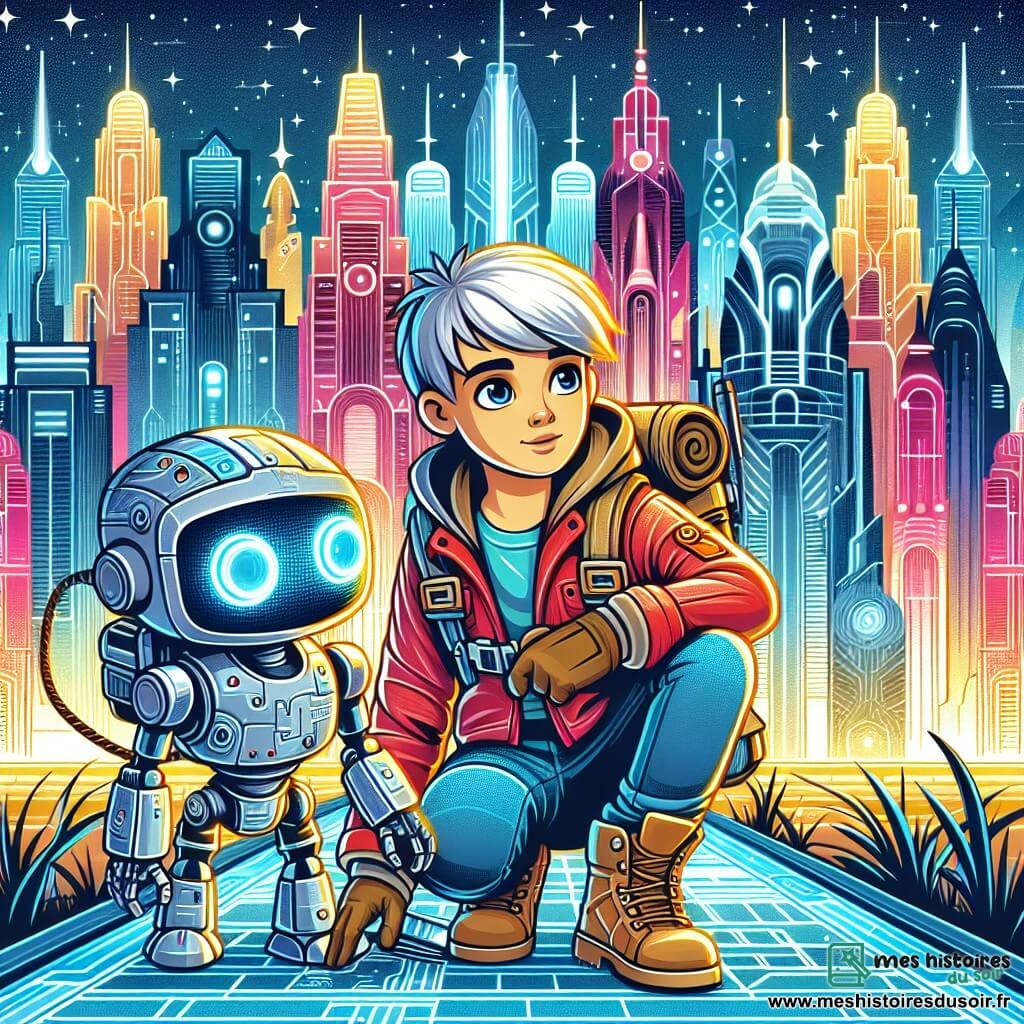 Une illustration destinée aux enfants représentant un jeune garçon aventurier dans une ville futuriste colorée, accompagné d'un petit robot abîmé, découvrant les merveilles de Lumina, une cité aux gratte-ciels scintillants et aux trottoirs lumineux.
