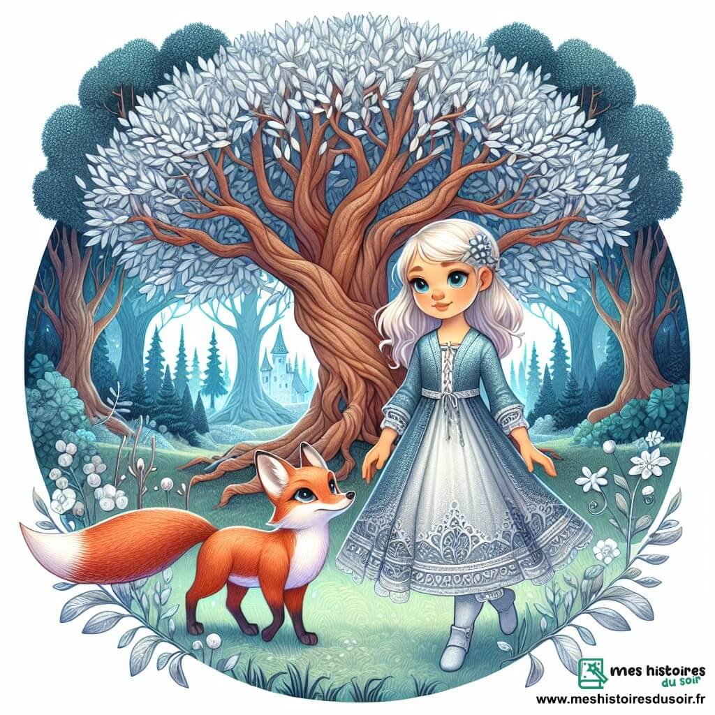 Une illustration destinée aux enfants représentant une jeune fille curieuse se tenant devant un arbre majestueux aux feuilles argentées, accompagnée d'un renard malicieux, dans une clairière enchanteresse de la Forêt Enchantée.