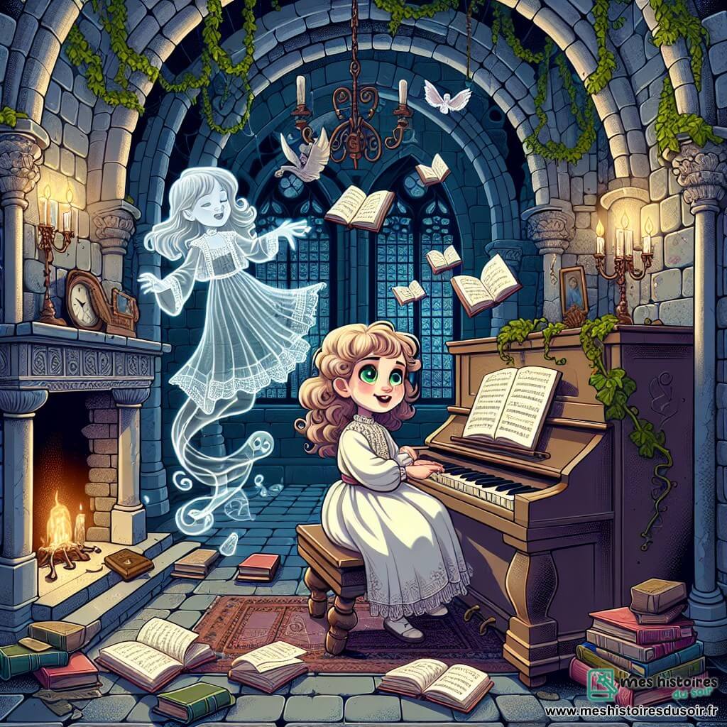 Une illustration sous forme de dessin destinée aux enfants représentant l'intérieur d'un vieux château mystérieux, avec des murs en pierre couverts de lierre et des toiles d'araignées, où une petite fille de 7 ans aux cheveux bouclés et aux yeux pétillants joue du piano, entourée de livres volants qui tourbillonnent autour d'elle, tandis qu'une silhouette translucide d'une jeune fille en robe ancienne sourit près de la cheminée, créant une atmosphère à la fois magique et légèrement inquiétante.