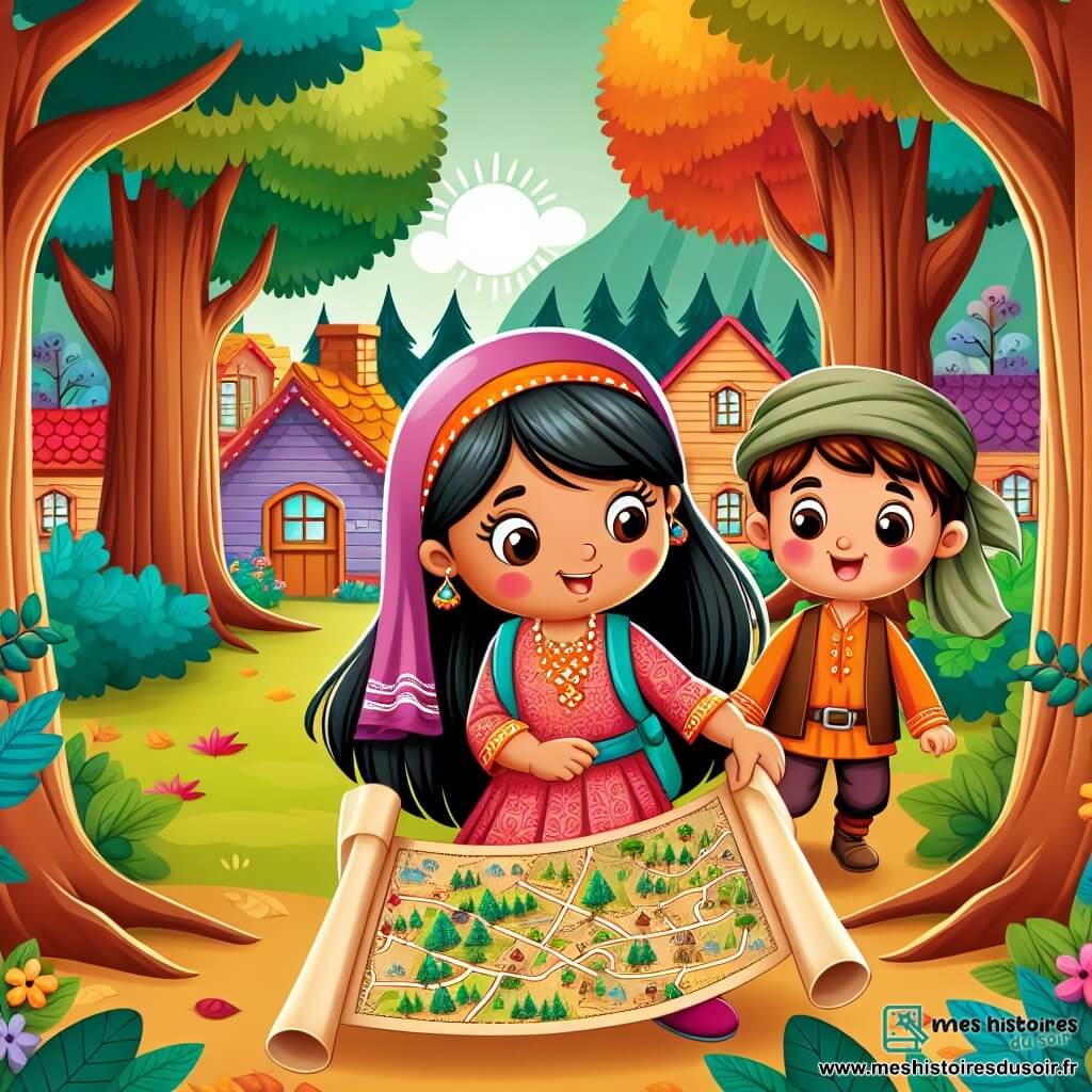Une illustration destinée aux enfants représentant une petite fille, amoureuse de l'automne, qui fait la découverte d'une carte au trésor dans une forêt enchantée, accompagnée de son nouvel ami, un garçon de son âge, dans un village entouré de maisons colorées et bordé d'arbres majestueux.