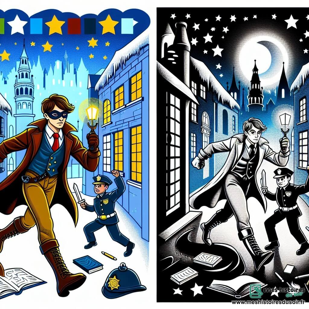 Une illustration destinée aux enfants représentant un jeune homme courageux et mystérieux, affrontant un vilain maléfique avec l'aide d'un policier intrépide, dans la ville scintillante de Lumina, où les étoiles dansent dans le ciel nocturne et les ruelles brillent de mille couleurs.
