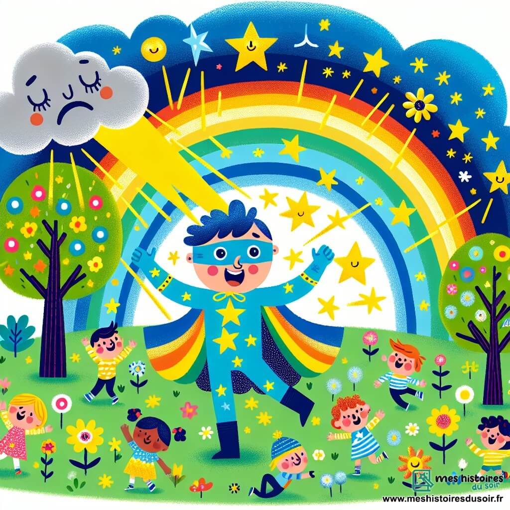 Une illustration sous forme de dessin destinée aux enfants représentant un parc coloré avec des arbres dansants et des fleurs chantantes, où un homme super-héros au costume bleu brillant et aux étoiles dorées, souriant et rayonnant de joie, utilise sa magie pour créer un arc-en-ciel éclatant, tandis qu'un petit nuage gris, avec des yeux tristes, flotte au-dessus, observant les enfants, garçons et filles, qui rient et jouent sous le spectacle lumineux, remplissant l'air de bonheur et de camaraderie.