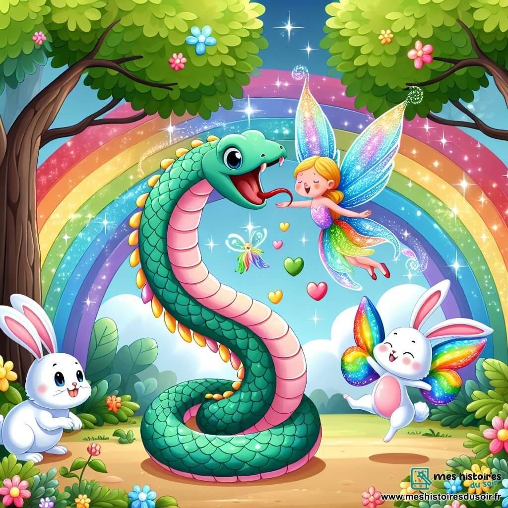 Une illustration sous forme de dessin destinée aux enfants représentant une forêt enchantée, avec des arbres aux feuilles brillantes et des fleurs colorées, où un serpent aux écailles scintillantes de toutes les couleurs de l'arc-en-ciel danse joyeusement sur le sol, entouré d'un petit lapin aux grandes oreilles blanches qui saute avec enthousiasme, tandis qu'une fée lumineuse aux ailes délicates et scintillantes les observe avec un sourire bienveillant, capturant l'instant magique où le serpent partage sa joie et ses couleurs avec ses amis animaux.