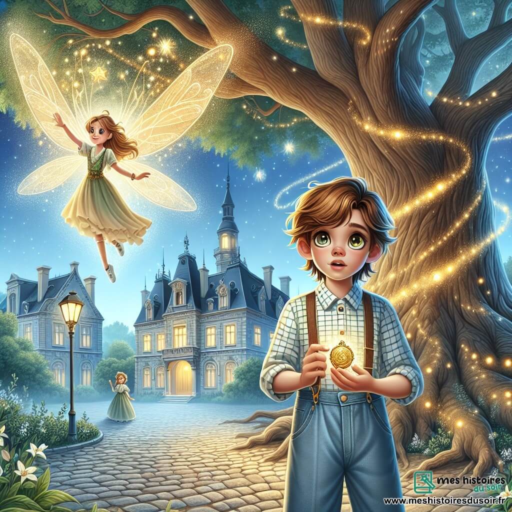 Une illustration sous forme de dessin destinée aux enfants représentant un parc enchanteur de Belleville, avec un vieux chêne majestueux au centre, où un garçon de 12 ans aux cheveux châtains et aux yeux pétillants, vêtu d'une chemise à carreaux et d'un pantalon en toile, se tient émerveillé, tenant un médaillon lumineux dans ses mains, tandis qu'une petite fée aux ailes scintillantes et une luciole géante flottent autour de lui, l'encourageant à découvrir les merveilles cachées du royaume magique, alors qu'une lumière dorée éclaire le ciel étoilé au-dessus d'eux, symbolisant l'espoir et la magie qui renaissent.