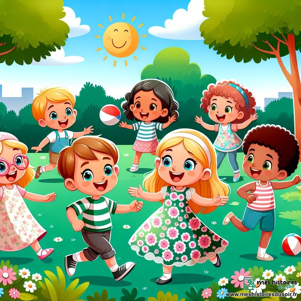 Une illustration sous forme de dessin destinée aux enfants représentant un parc verdoyant ensoleillé, avec un groupe d'enfants de 7 ans, dont une petite fille aux cheveux blonds et à la robe à fleurs, qui danse joyeusement au milieu de ses amis ; un garçon aux cheveux bruns et à la peau claire, souriant et en train de jouer avec un ballon, et une petite fille aux lunettes roses et à la peau foncée, qui rit en écoutant un garçon aux cheveux frisés et à la peau marron, en train de raconter des histoires sur son pays d'origine, l'Algérie, illustrant ainsi la tolérance et l'amitié entre différentes cultures.