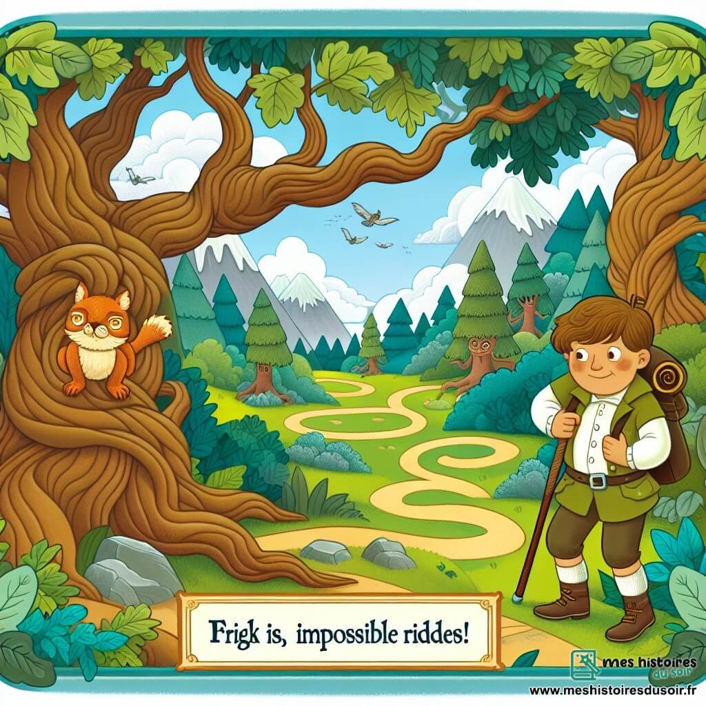 Une illustration destinée aux enfants représentant un garçon intrépide se lançant dans une série d'énigmes impossibles, accompagné d'un ami malicieux, au cœur d'une forêt luxuriante aux arbres centenaires et aux sentiers sinueux.