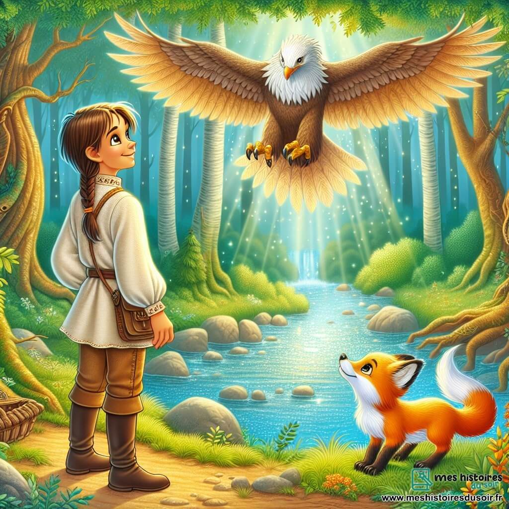 Une illustration sous forme de dessin destinée aux enfants représentant une forêt enchantée, dense et lumineuse, où un jeune homme aux cheveux bruns et aux yeux pétillants, vêtu d'une tunique en lin, se tient au bord d'une rivière scintillante, écoutant attentivement le chant d'un grand aigle aux plumes dorées qui plane au-dessus de lui, tandis qu'un petit renard aux yeux malicieux, à ses côtés, l'observe avec curiosité, illustrant le moment où le jeune homme reçoit l'appel des dieux pour une quête magique.
