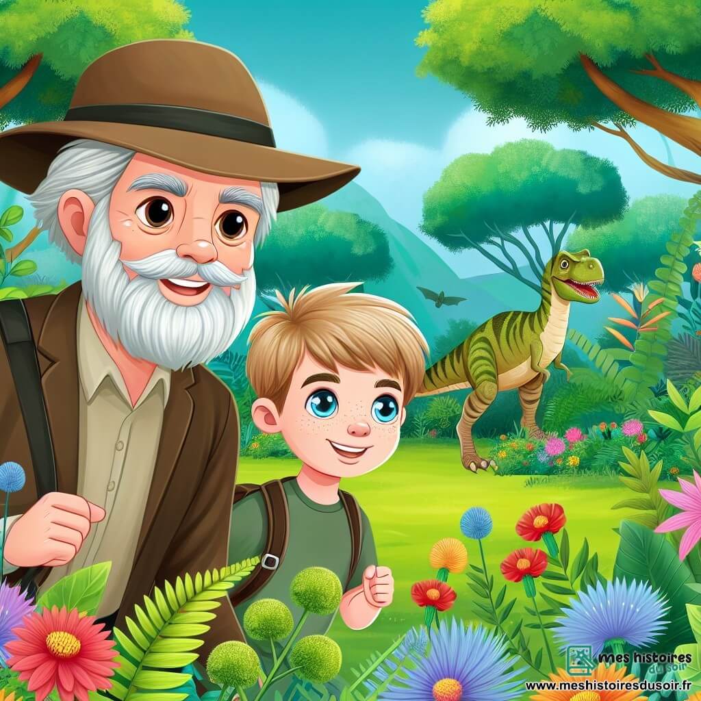 Une illustration destinée aux enfants représentant un homme au visage sage et bienveillant, accompagné d'un garçon aux yeux pétillants, partant à la chasse aux dinosaures dans un parc verdoyant bordé de fleurs colorées et d'arbres majestueux.