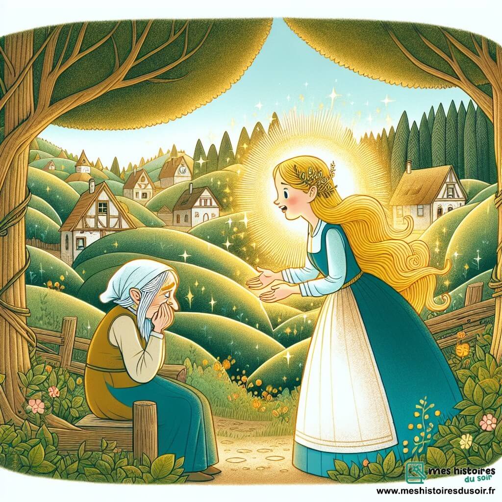 Une illustration destinée aux enfants représentant une jeune femme aux cheveux dorés, dotée de pouvoirs magiques, qui rencontre une vieille dame fatiguée dans un village enchanteur bordé d'une forêt luxuriante où les arbres semblent danser avec les rayons de soleil.
