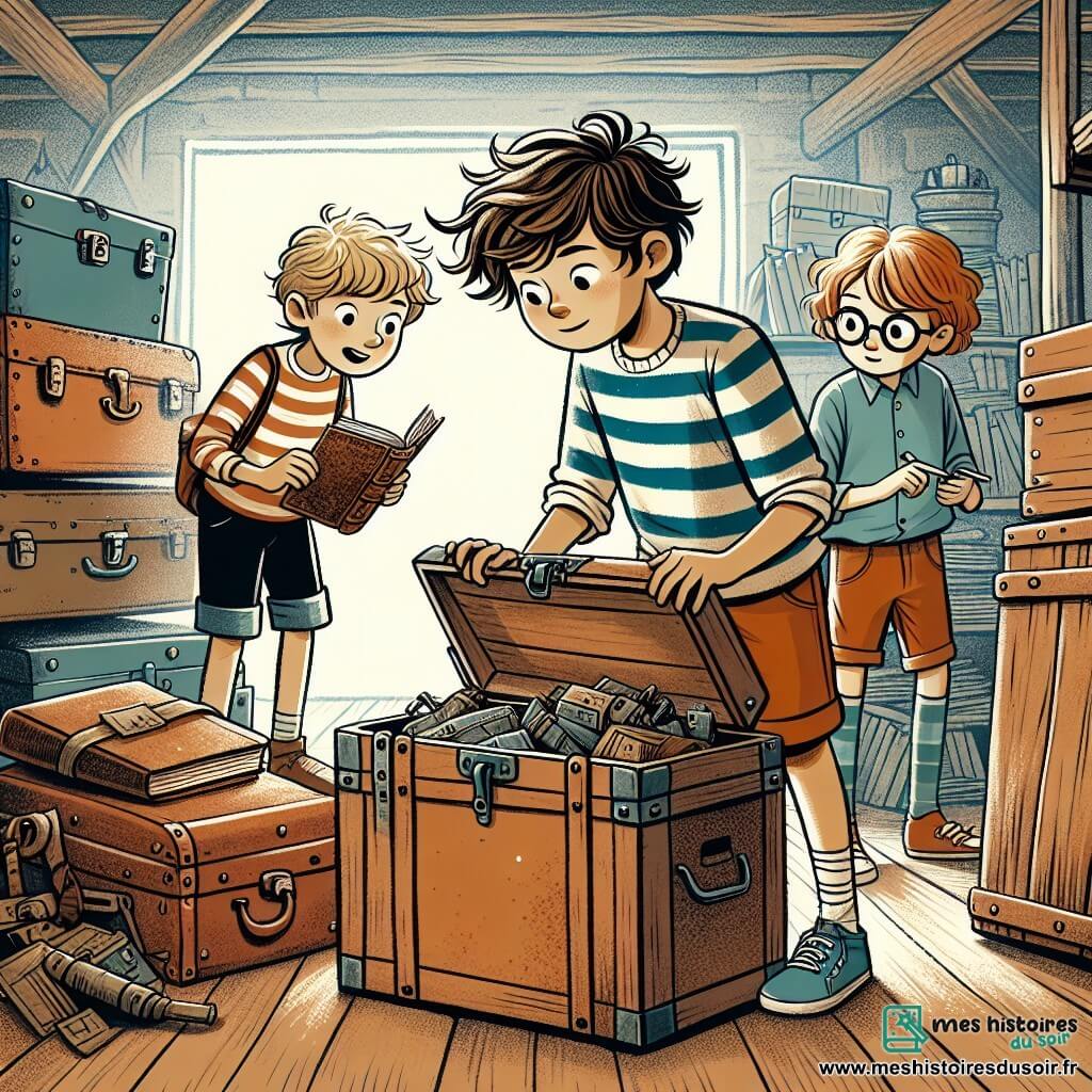 Une illustration sous forme de dessin destinée aux enfants représentant un vieux grenier poussiéreux rempli de cartons et de malles anciennes, avec un garçon de 12 ans aux cheveux bruns en bataille, portant un t-shirt rayé et un short, fouillant avec curiosité dans une malle en bois, tandis qu'une fille aux cheveux roux et aux lunettes observe attentivement un carnet en cuir, et un garçon blond, audacieux, se tient à côté, impatient de découvrir les secrets cachés, alors qu'ils sont sur le point de déchiffrer un mystère passionnant qui les mènera à une chasse au trésor.