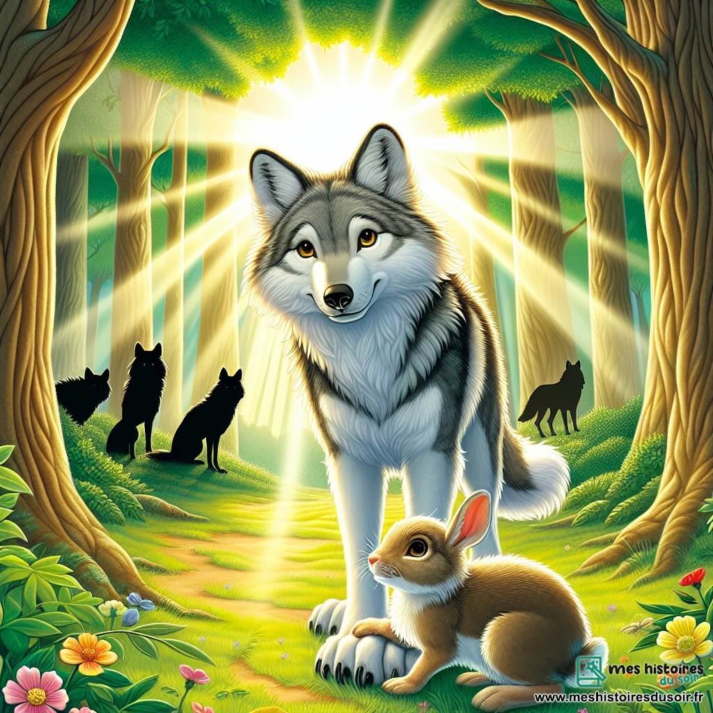 Illustration d'une clairière ensoleillée entourée d'arbres majestueux aux feuilles vertes, où des rayons de lumière filtrent à travers le feuillage. Au centre, un jeune loup au pelage gris et blanc, aux yeux curieux et déterminés, se tient fier et alerte, prêt à défendre un petit lapin blessé qui se cache derrière lui, ses grandes oreilles tendues. Le lapin, avec son pelage doux et ses yeux ronds, regarde le loup avec gratitude et espoir. En arrière-plan, une meute de loups observe la scène avec surprise et admiration. L'atmosphère est chargée d'émotion, illustrant le courage et la solidarité entre les animaux dans un moment de tension, tandis que des fleurs colorées parsèment le sol, ajoutant une touche de douceur à cette scène dramatique.