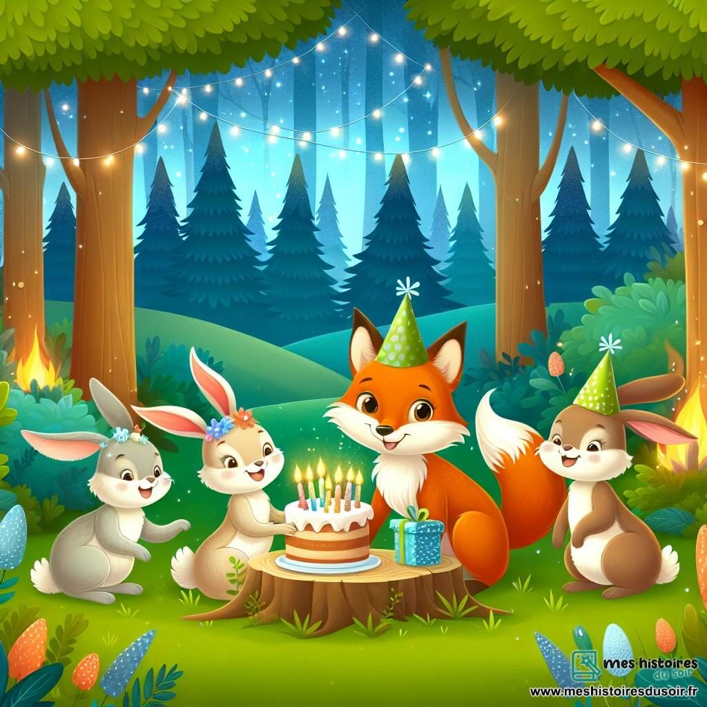 Une illustration destinée aux enfants représentant un renard malicieux, une famille de lapins joyeux préparant un festin d'anniversaire, au cœur d'une vaste forêt verdoyante et chatoyante.